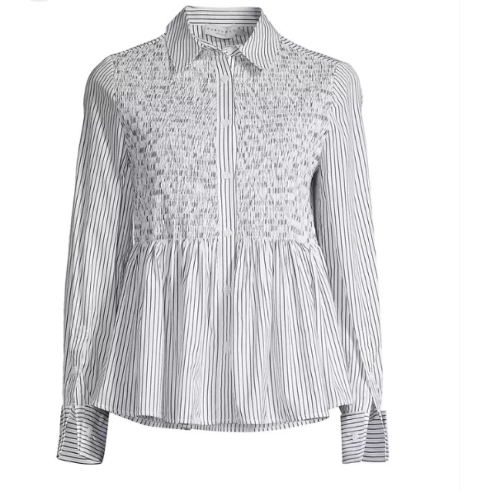 HARSHMAN Mei Smocked Stripe Cotton Shirt